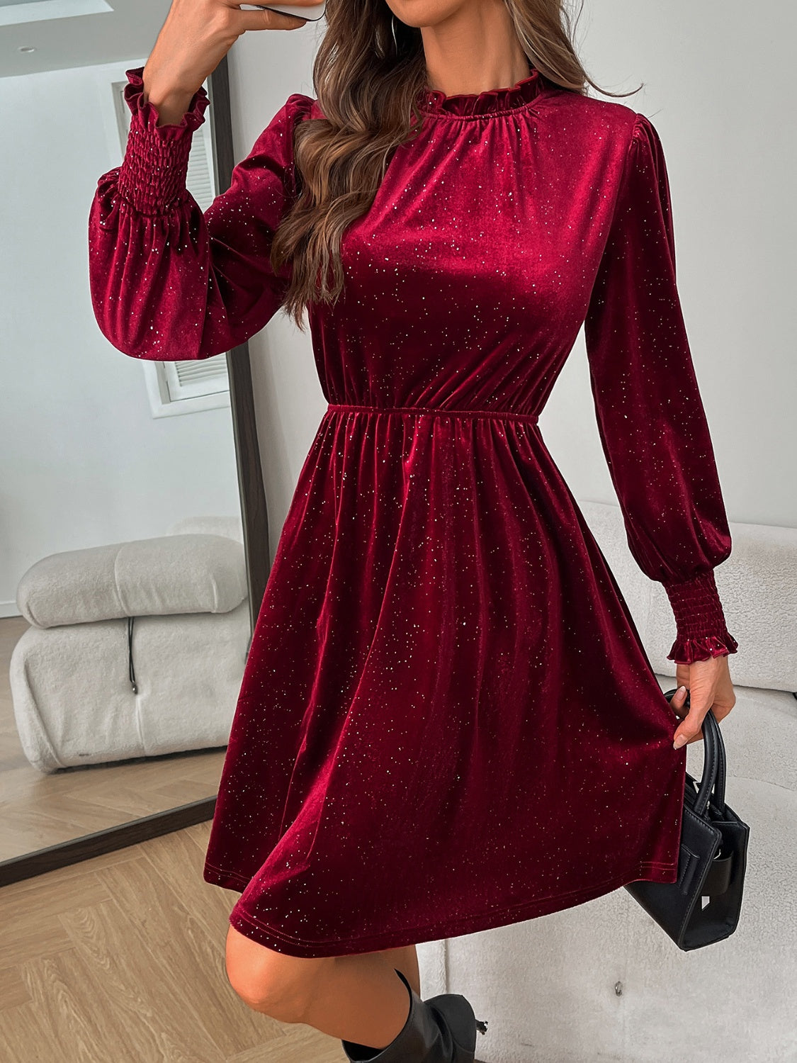 Glitter Mock Neck Long Sleeve Mini Dress Trendsi