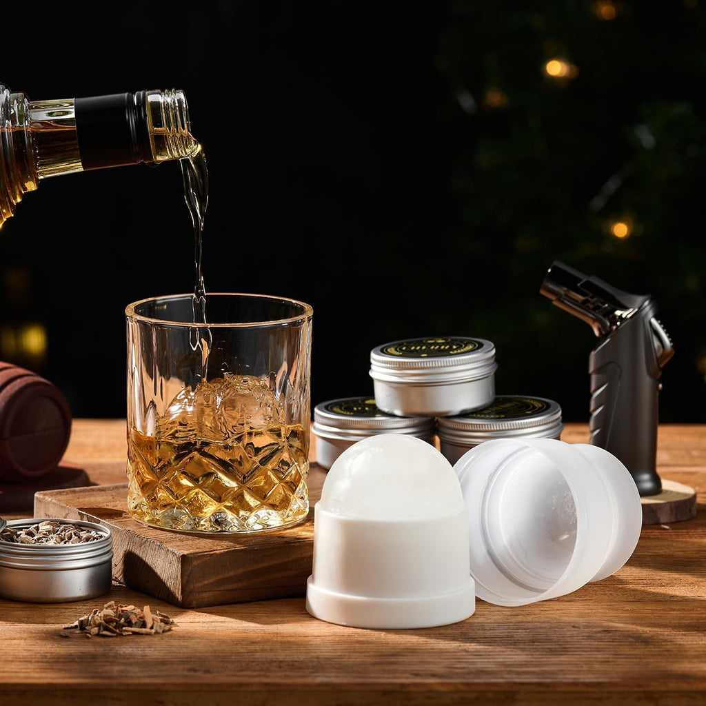 Whiskey Smoker Kit with Torch - 6 Flavors Wood Chips, 2 Glasses, 2 Ice Ball Molds - Cocktail Smoker Infuser Kit, Old Fashioned Drink Smoker Kit, Birthday Bourbon Whiskey Gifts for Men,Dad(No Butane)