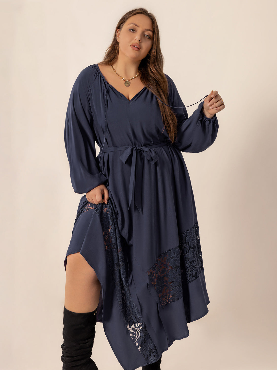 Plus Size Lace Detail Tie Neck Long Sleeve Midi Dress Trendsi