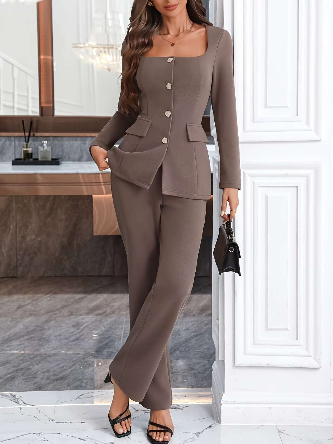 Square Neck Button Up Blazer and Pants Set Trendsi