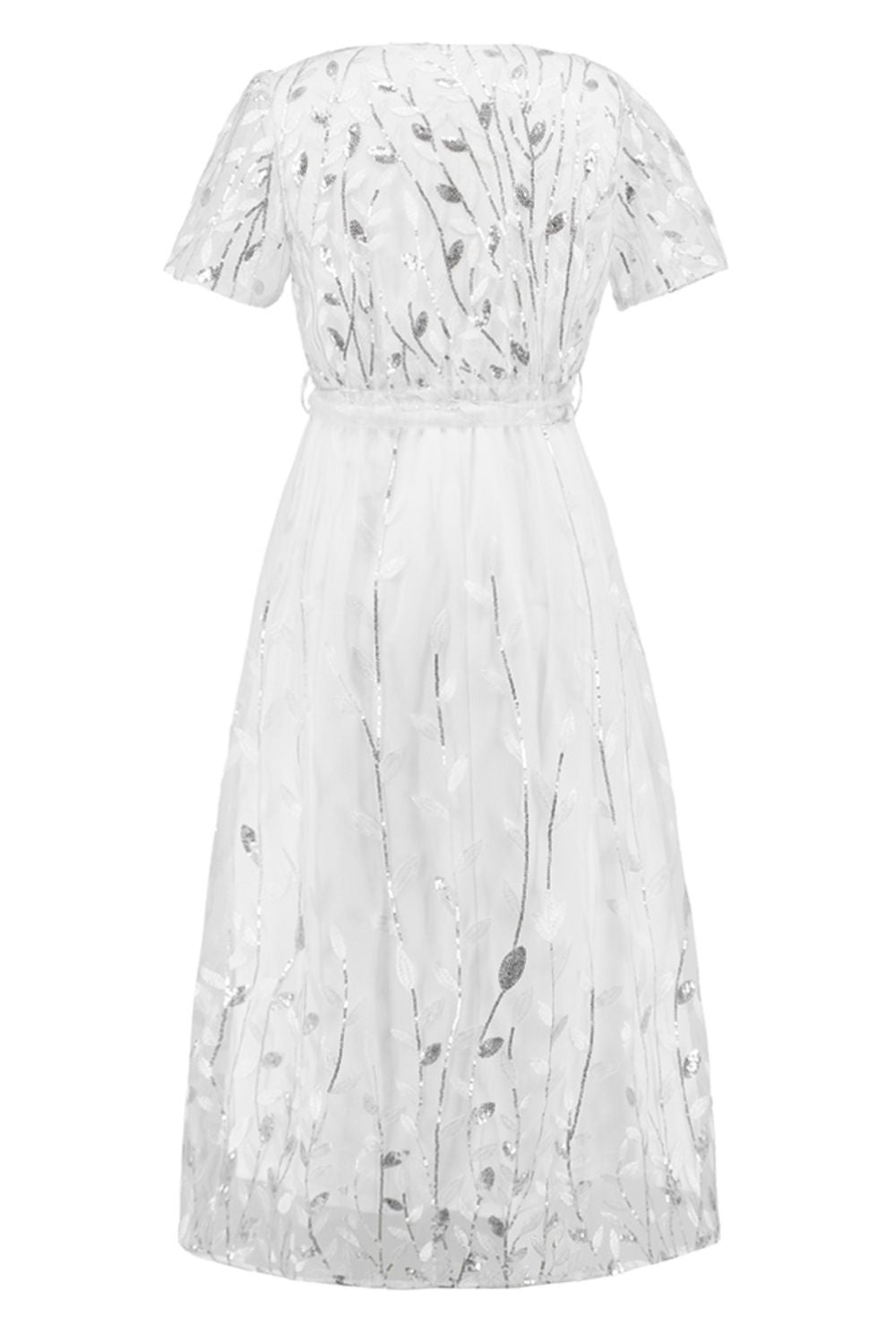 Sequin Leaf Embroidery Tie Front Short Sleeve Dress Trendsi