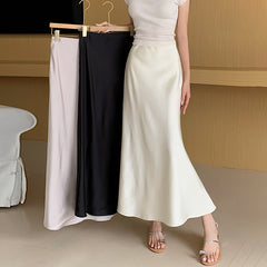 French-Style Vintage Satin Fishtail Skirt – Elegant A-Line Sheath Long Skirt for Women