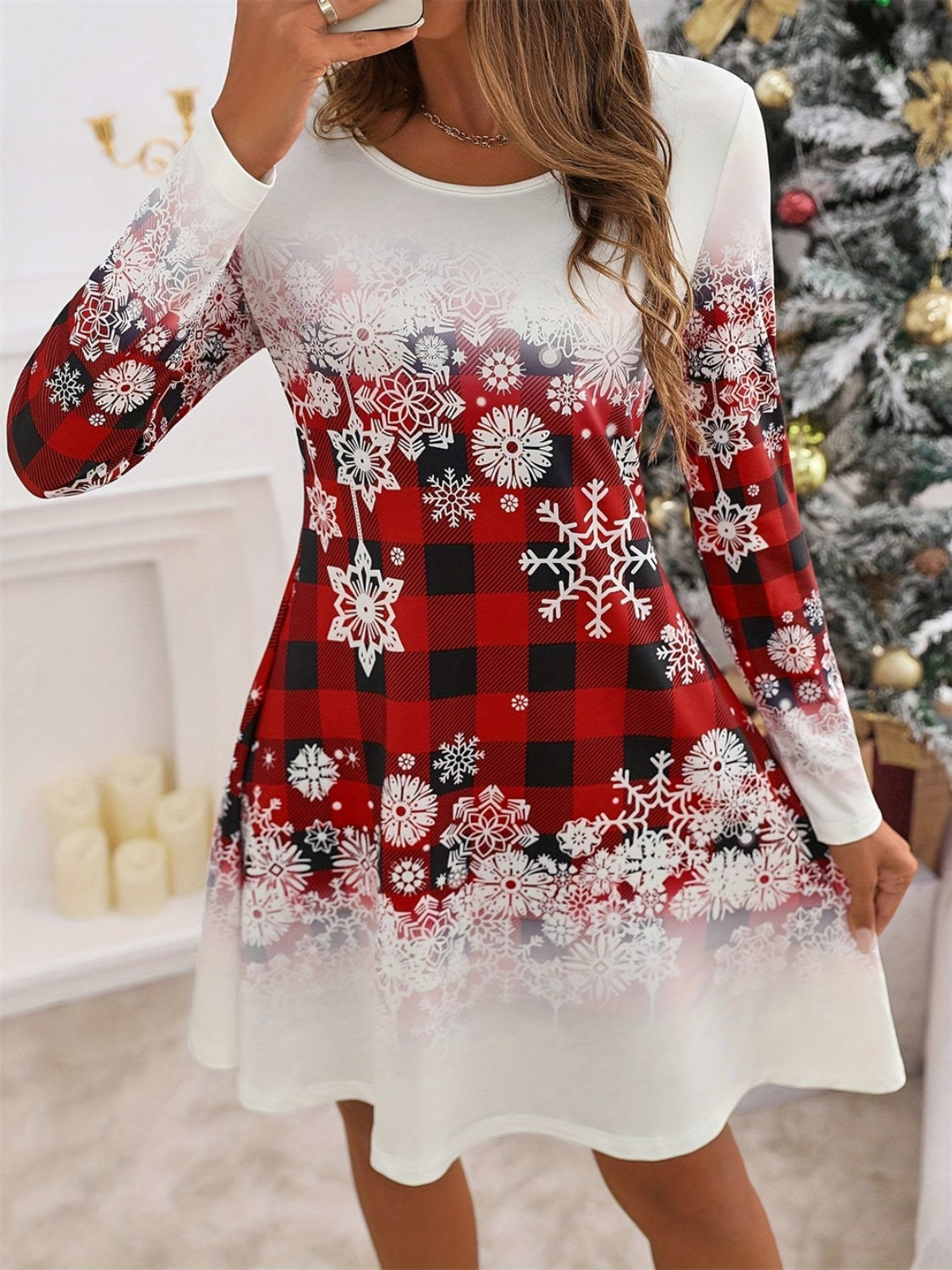 Snowflakes Plaid Round Neck Long Sleeve Dress Trendsi