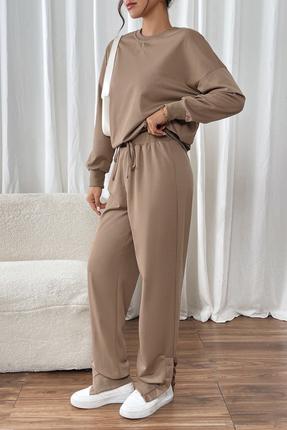 Perfee Round Neck Long Sleeve Top and Pants Set Trendsi