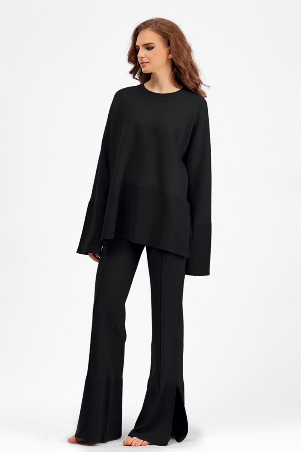 Basic Bae Slit Round Neck Long Sleeve Top and Drawstring Pants Sweater Set Trendsi