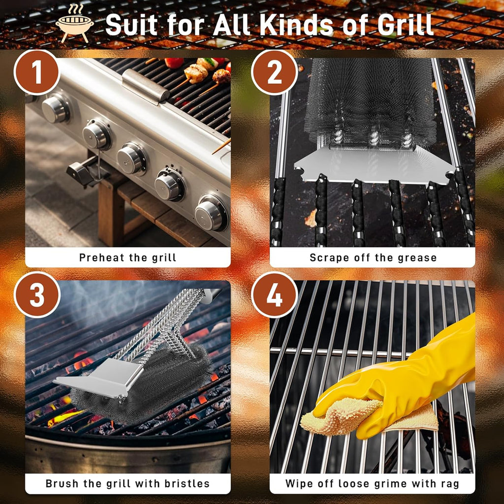 Grill Brush and Scraper-18 Adjustable Handle Safe BBQ Grill Brush for Outdoor Grill-Deep BBQ Clearning Brush Wih Bottle Operner Extra Strong Grill Cleaner Accessories for Gas/Charcoal Grilling Grates