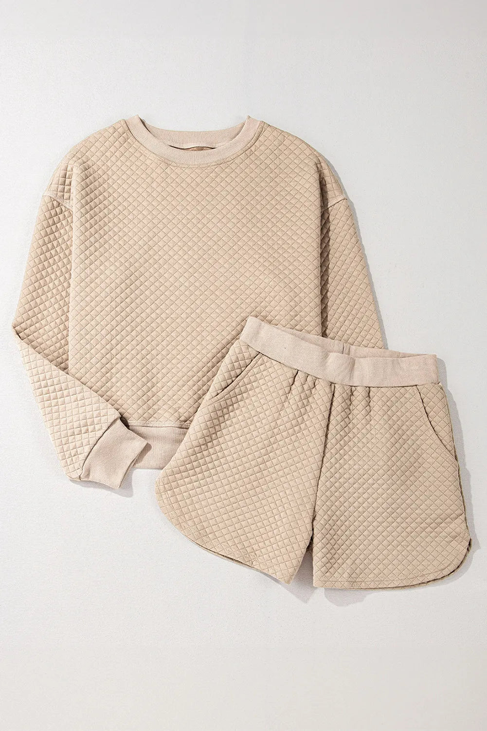 Quilted Round Neck Long Sleeve Top and Shorts Set Trendsi