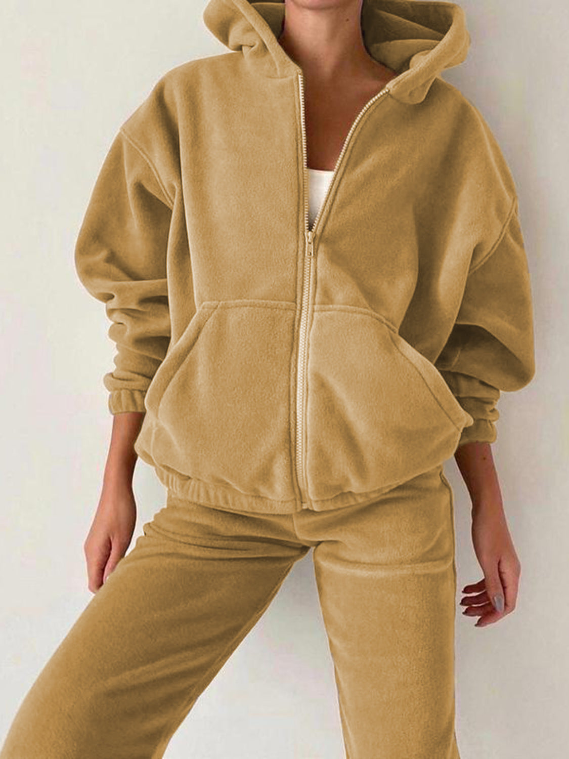 Zip Up Long Sleeve Hoodie and Joggers Set Trendsi