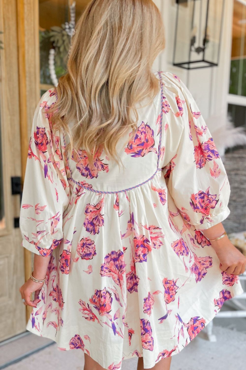 Tied Flower Printed Three-Quarter Sleeve Dress Trendsi