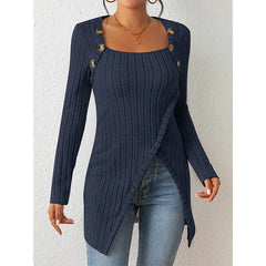 Woman Square Neck Off Shoulder Slit Sweater
