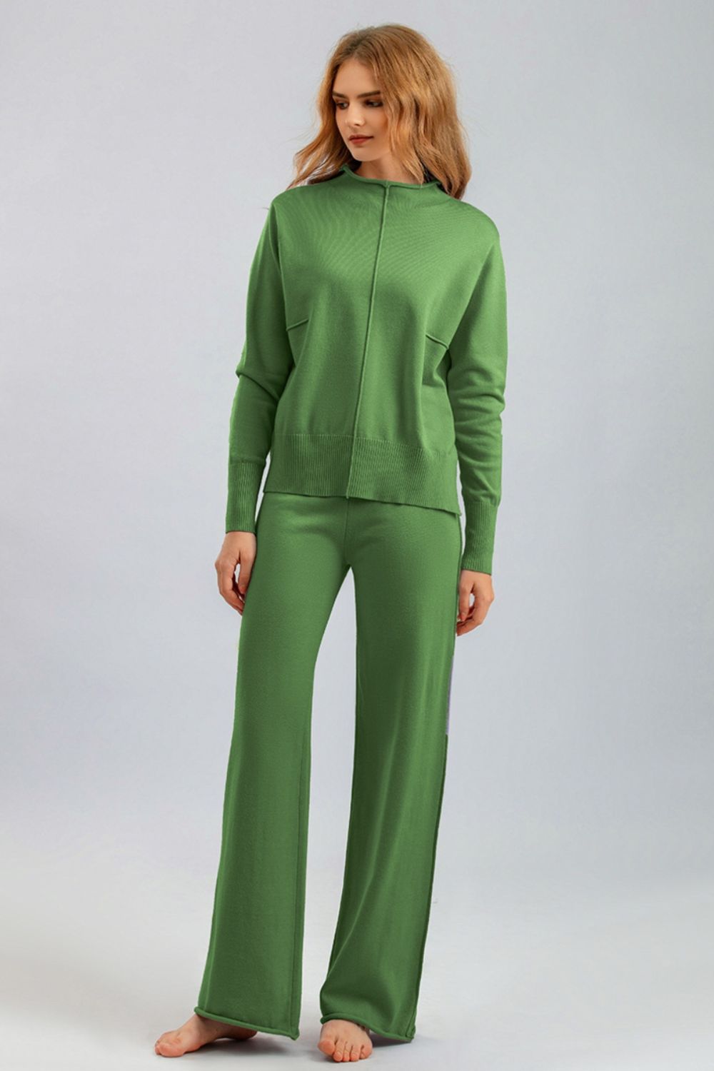 Basic Bae Mock Neck Long Sleeve Top and Pants Sweater Set Trendsi