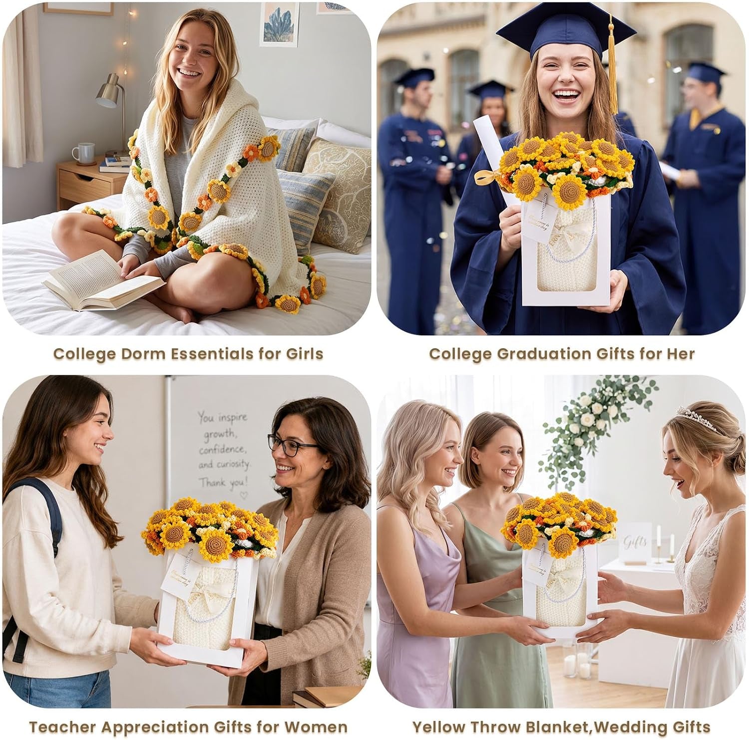 Crochet Flowers Rose Bouquet Blanket,Sunflower Gifts for Women,Cozy Yellow Throw Blanket for Couch,Birthday Gifts for Girlfriend Grandma Mom Teacher Sister Best Friend