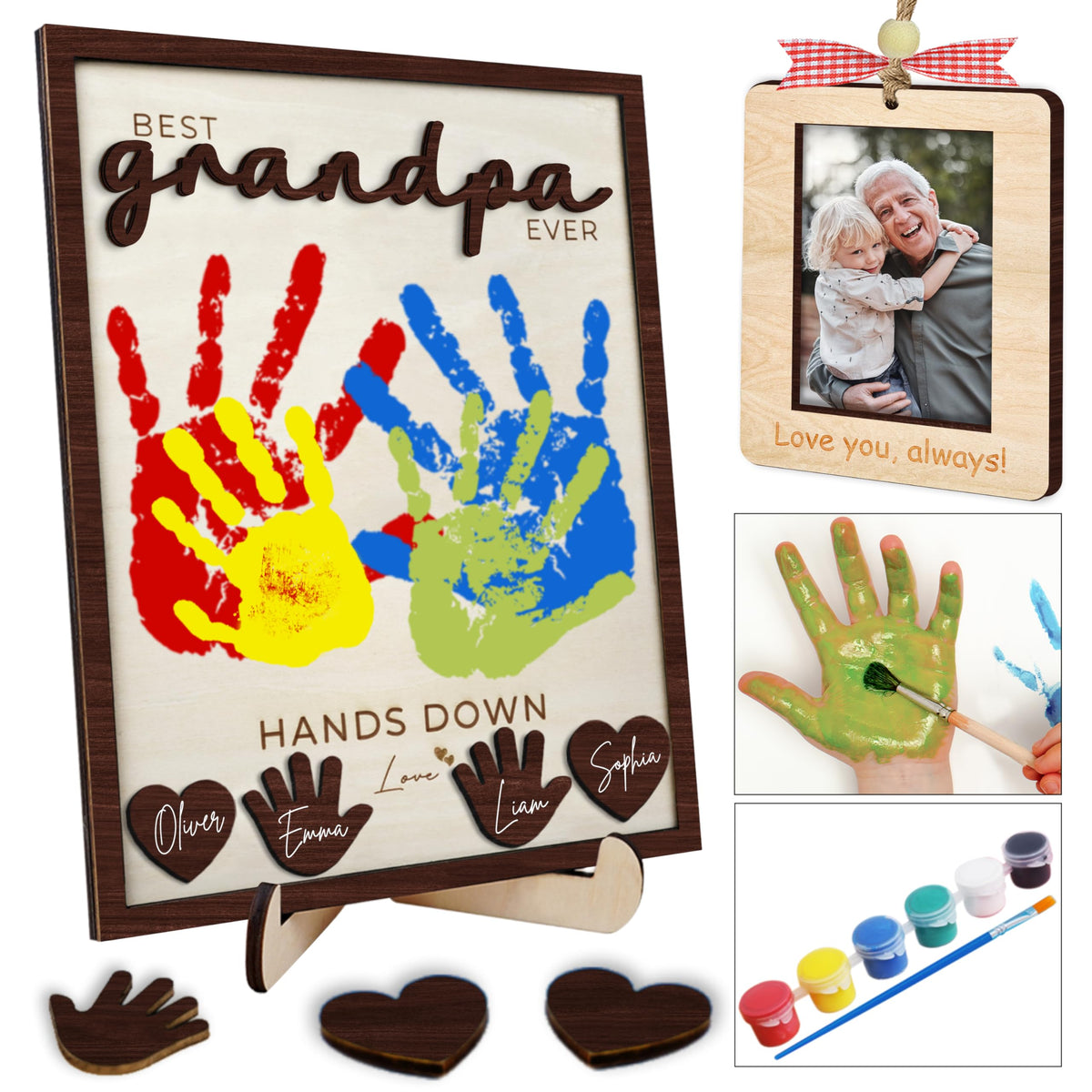 10" Best Dad Ever Hands Down Sign DIY Dad Gifts from Kids Handprint Kit with Acrylic Paint, Toddler Craft Birthday Gift Father's Day for Daddy, Papa Family Plaque with Daughter, Son Names HF90-D