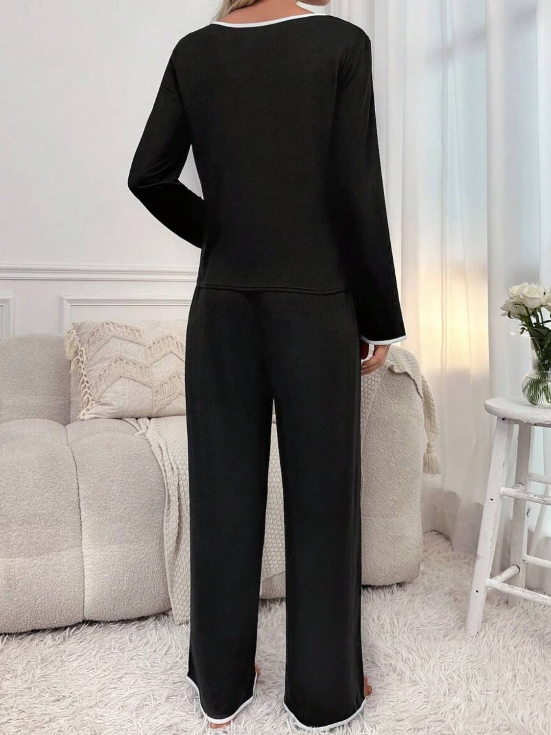 Contrast Trim Notched Long Sleeve Top and Pants Lounge Set Trendsi