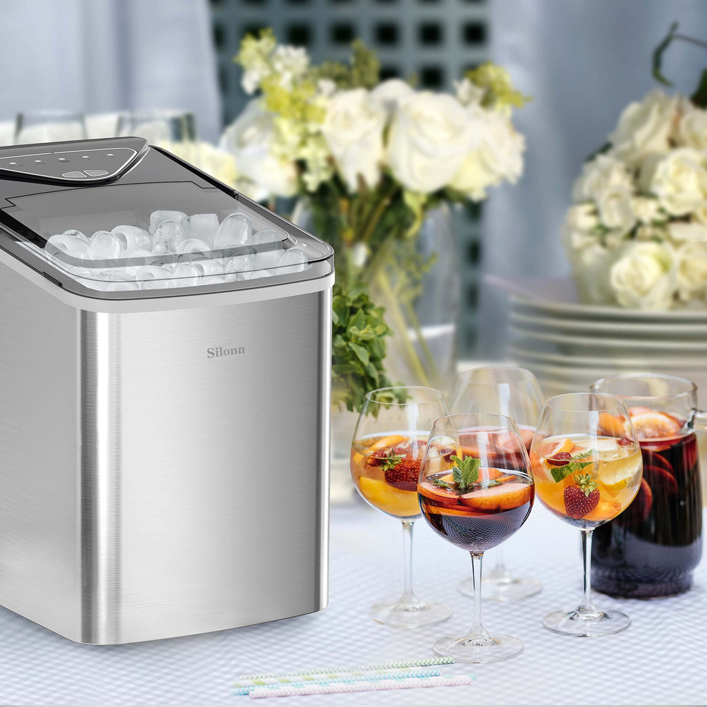 Silonn Ice Maker Countertop, Portable Ice Machine with Carry Handle, Self-Cleaning Ice Makers with Basket and Scoop, 9 Cubes in 6 Mins, 26 lbs per Day, Ideal for Home, Kitchen, Camping, RV