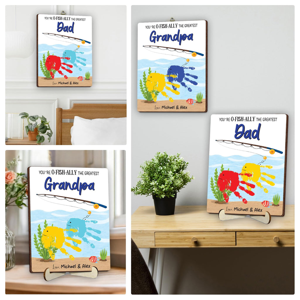 10" Best Dad Ever Hands Down Sign DIY Dad Gifts from Kids Handprint Kit with Acrylic Paint, Toddler Craft Birthday Gift Father's Day for Daddy, Papa Family Plaque with Daughter, Son Names HF90-D