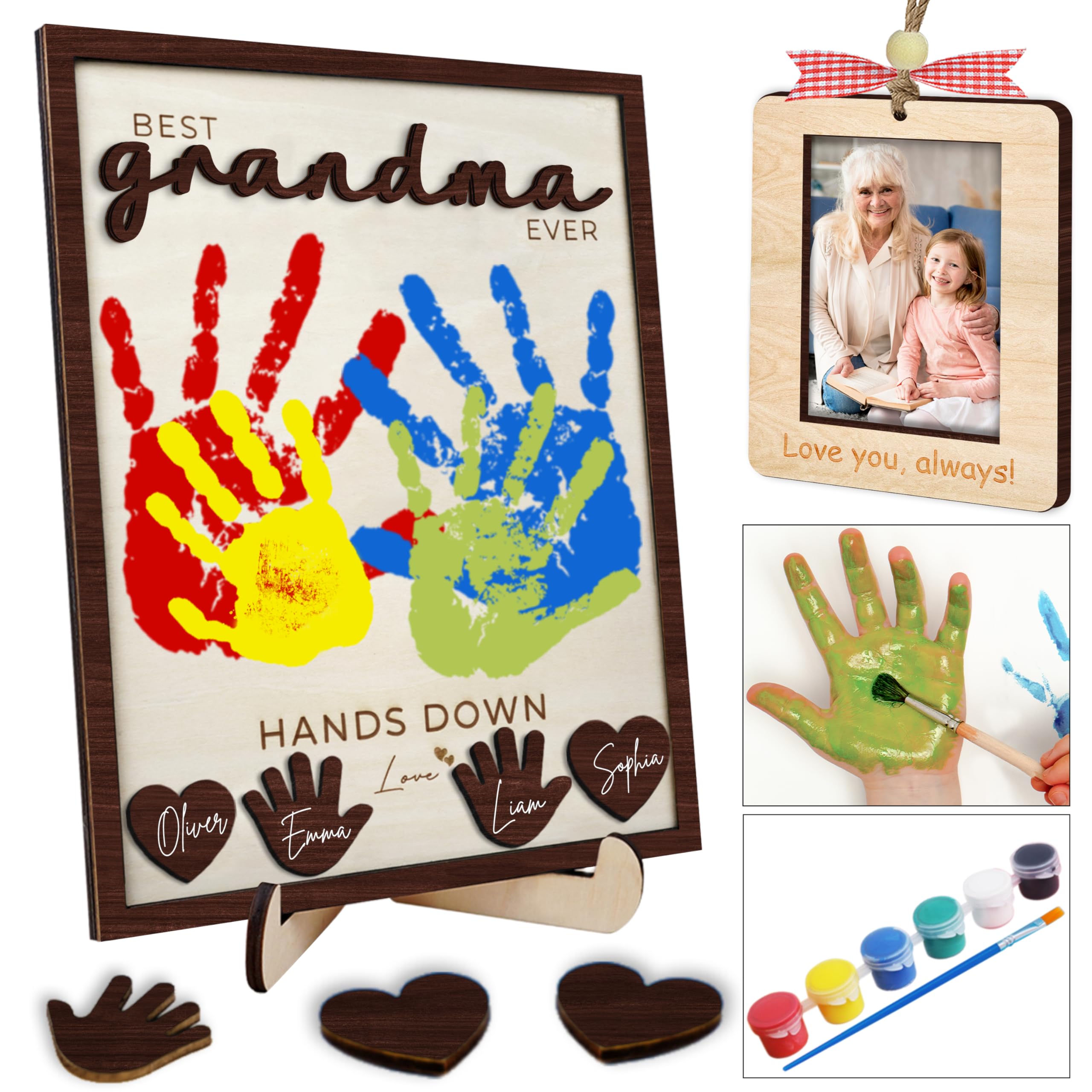 10" Best Dad Ever Hands Down Sign DIY Dad Gifts from Kids Handprint Kit with Acrylic Paint, Toddler Craft Birthday Gift Father's Day for Daddy, Papa Family Plaque with Daughter, Son Names HF90-D