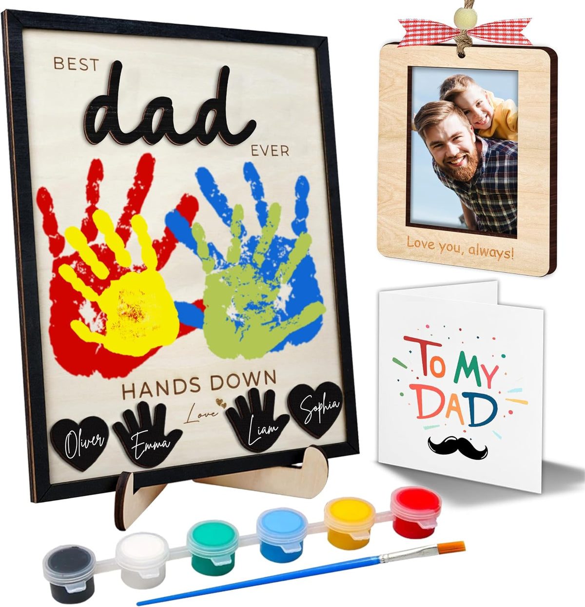 10" Best Dad Ever Hands Down Sign DIY Dad Gifts from Kids Handprint Kit with Acrylic Paint, Toddler Craft Birthday Gift Father's Day for Daddy, Papa Family Plaque with Daughter, Son Names HF90-D