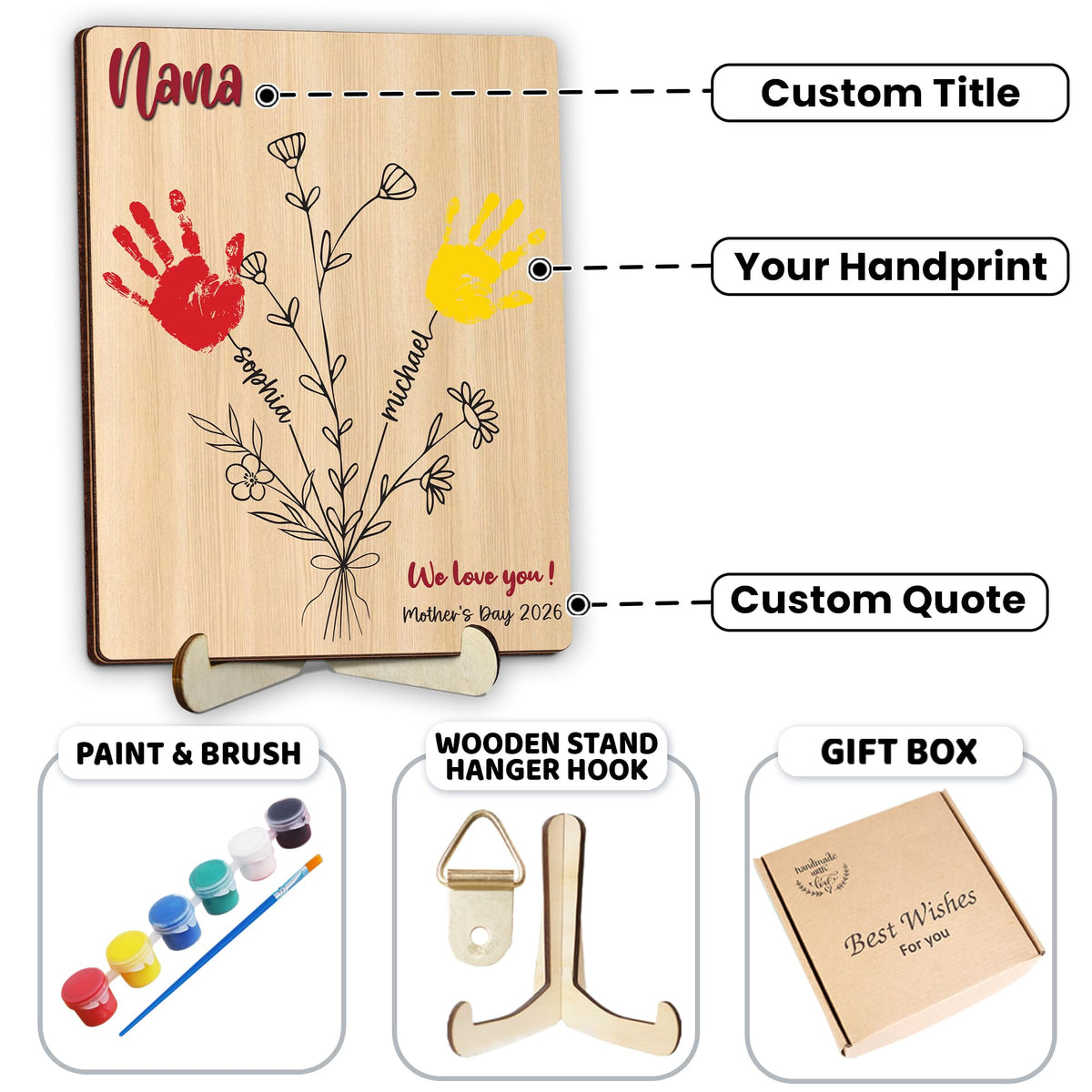 10" Best Dad Ever Hands Down Sign DIY Dad Gifts from Kids Handprint Kit with Acrylic Paint, Toddler Craft Birthday Gift Father's Day for Daddy, Papa Family Plaque with Daughter, Son Names HF90-D