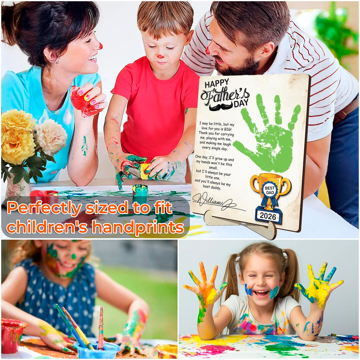 10" Best Dad Ever Hands Down Sign DIY Dad Gifts from Kids Handprint Kit with Acrylic Paint, Toddler Craft Birthday Gift Father's Day for Daddy, Papa Family Plaque with Daughter, Son Names HF90-D