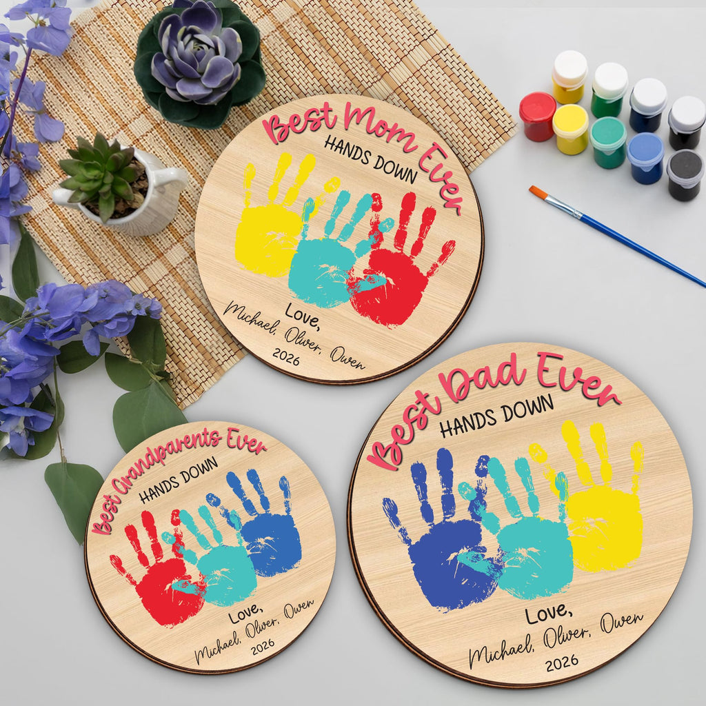 10" Best Dad Ever Hands Down Sign DIY Dad Gifts from Kids Handprint Kit with Acrylic Paint, Toddler Craft Birthday Gift Father's Day for Daddy, Papa Family Plaque with Daughter, Son Names HF90-D