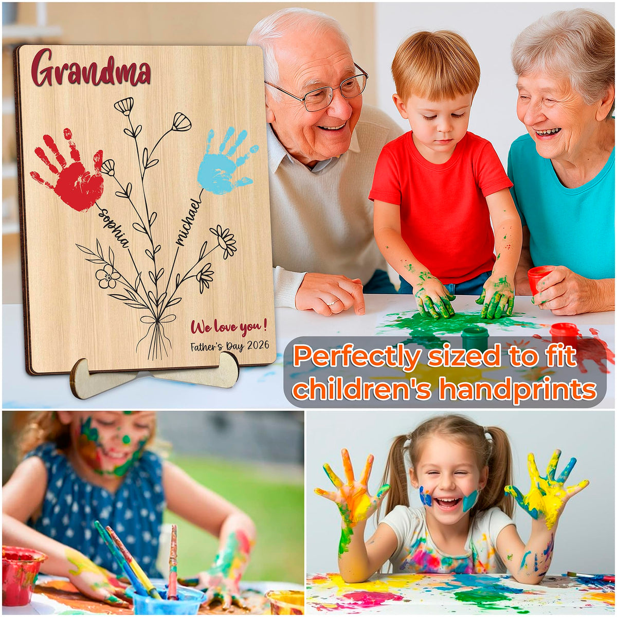 10" Best Dad Ever Hands Down Sign DIY Dad Gifts from Kids Handprint Kit with Acrylic Paint, Toddler Craft Birthday Gift Father's Day for Daddy, Papa Family Plaque with Daughter, Son Names HF90-D