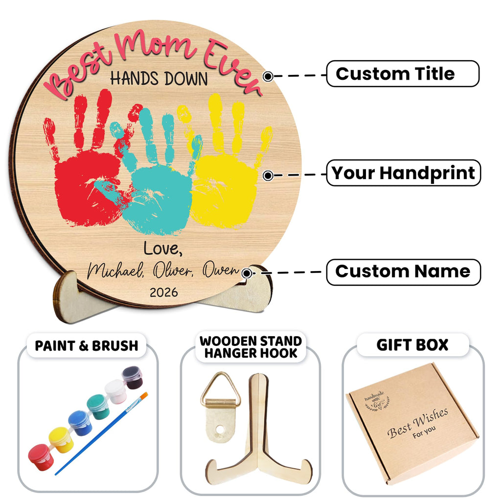 10" Best Dad Ever Hands Down Sign DIY Dad Gifts from Kids Handprint Kit with Acrylic Paint, Toddler Craft Birthday Gift Father's Day for Daddy, Papa Family Plaque with Daughter, Son Names HF90-D