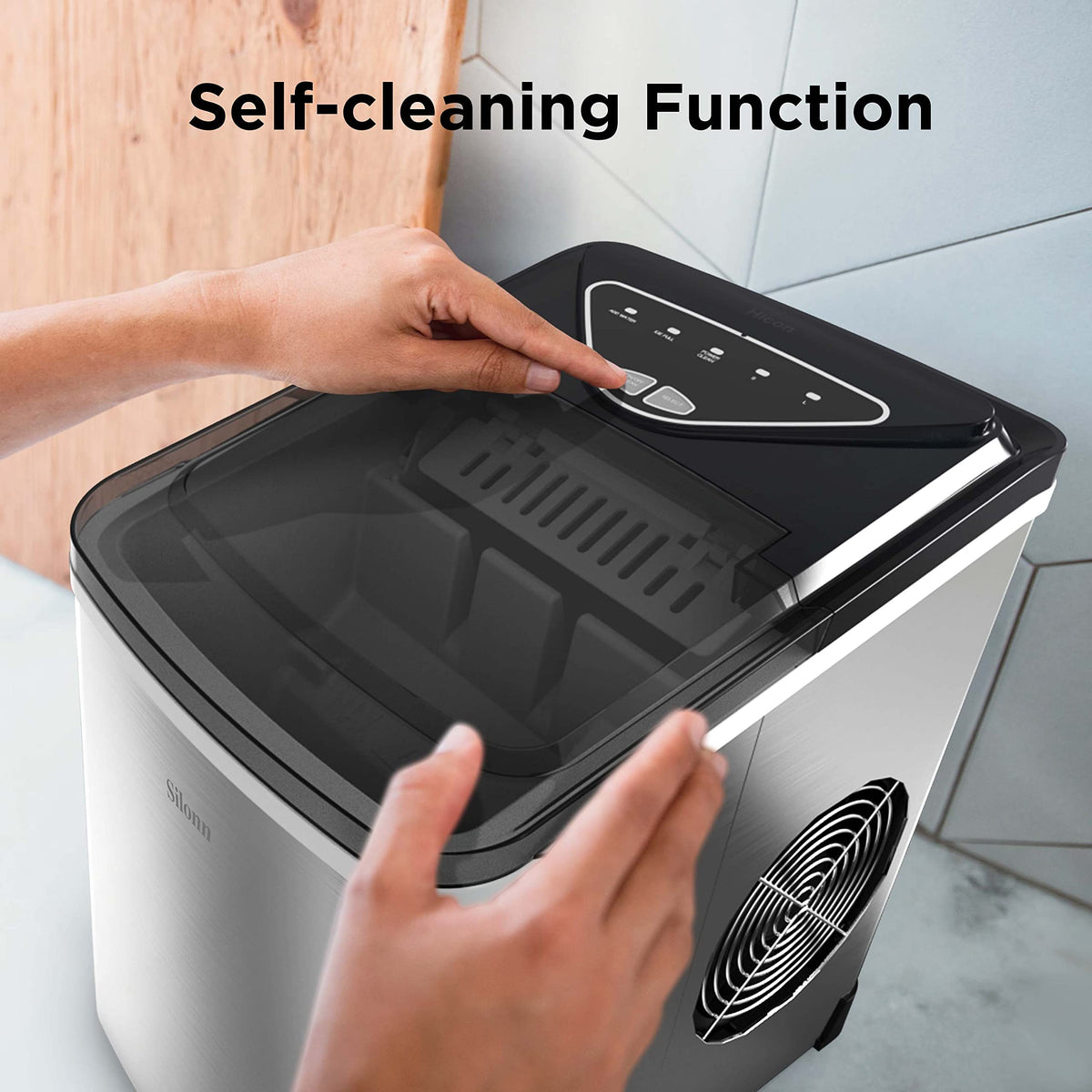 Silonn Ice Maker Countertop, Portable Ice Machine with Carry Handle, Self-Cleaning Ice Makers with Basket and Scoop, 9 Cubes in 6 Mins, 26 lbs per Day, Ideal for Home, Kitchen, Camping, RV