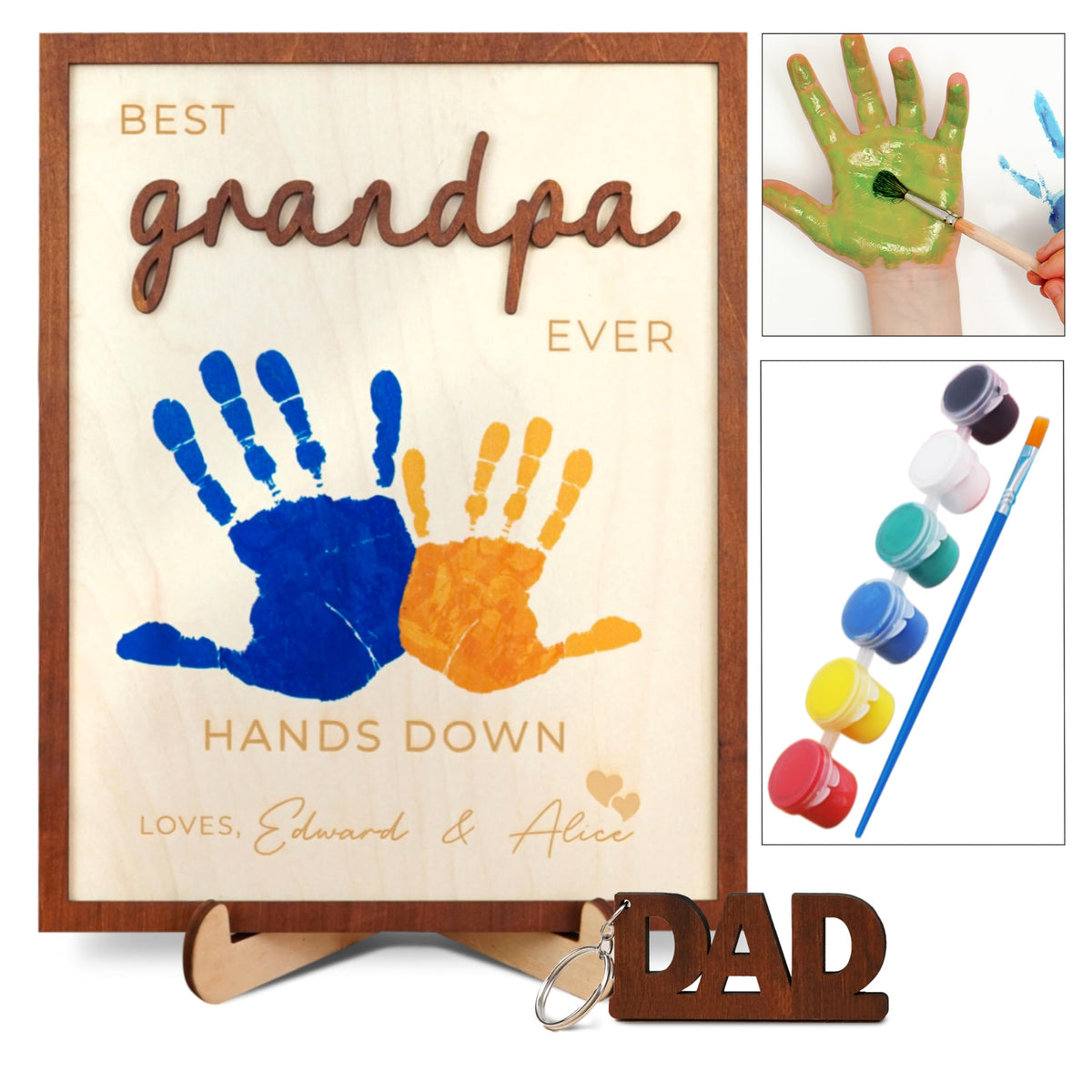 10" Best Dad Ever Hands Down Sign DIY Dad Gifts from Kids Handprint Kit with Acrylic Paint, Toddler Craft Birthday Gift Father's Day for Daddy, Papa Family Plaque with Daughter, Son Names HF90-D