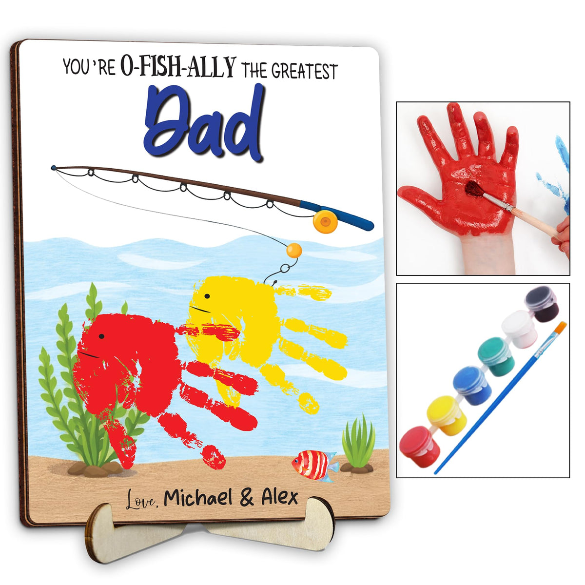 10" Best Dad Ever Hands Down Sign DIY Dad Gifts from Kids Handprint Kit with Acrylic Paint, Toddler Craft Birthday Gift Father's Day for Daddy, Papa Family Plaque with Daughter, Son Names HF90-D