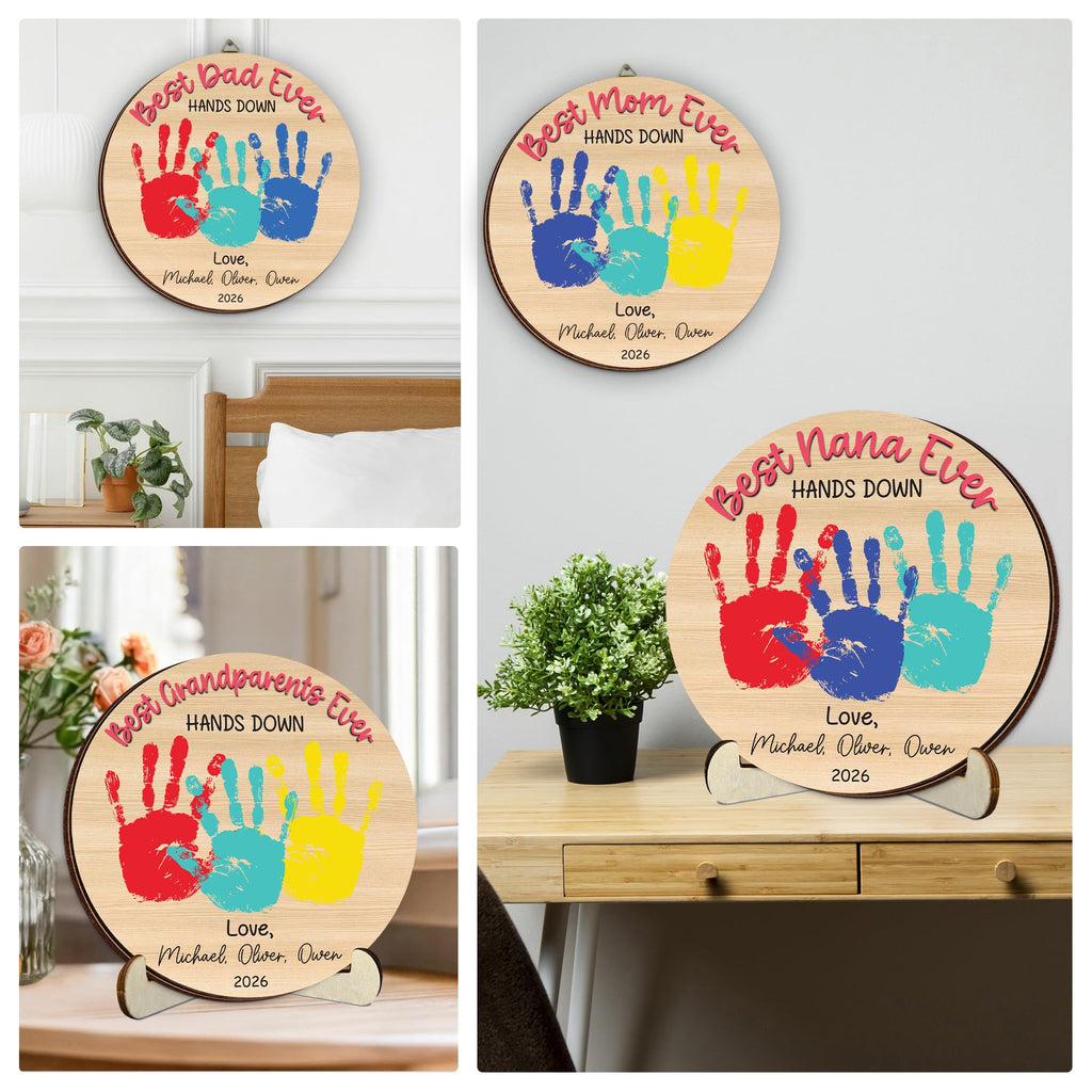10" Best Dad Ever Hands Down Sign DIY Dad Gifts from Kids Handprint Kit with Acrylic Paint, Toddler Craft Birthday Gift Father's Day for Daddy, Papa Family Plaque with Daughter, Son Names HF90-D