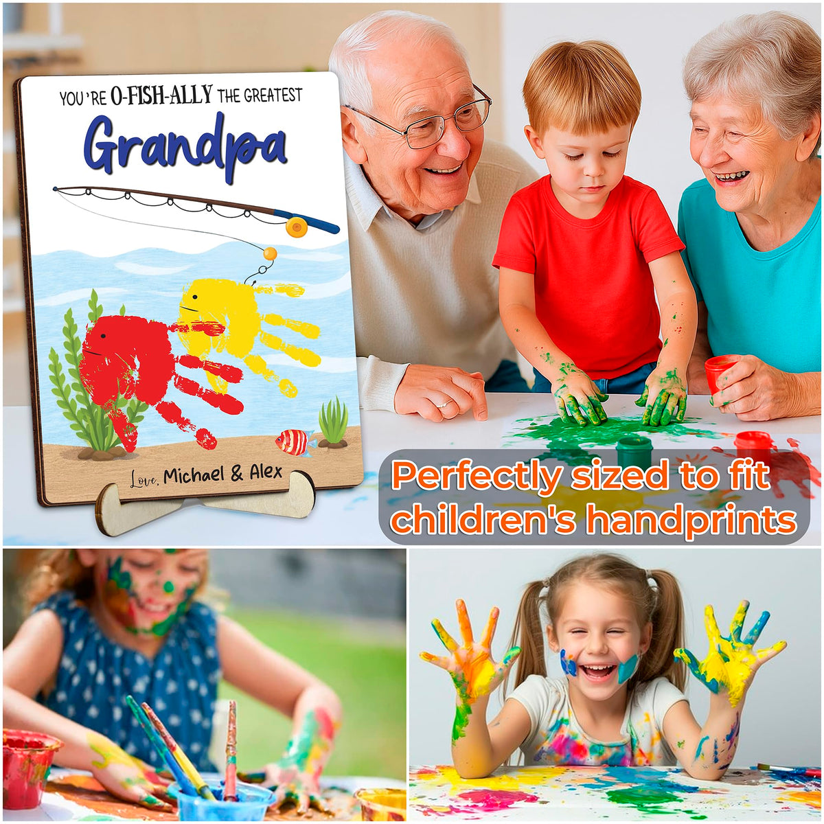 10" Best Dad Ever Hands Down Sign DIY Dad Gifts from Kids Handprint Kit with Acrylic Paint, Toddler Craft Birthday Gift Father's Day for Daddy, Papa Family Plaque with Daughter, Son Names HF90-D