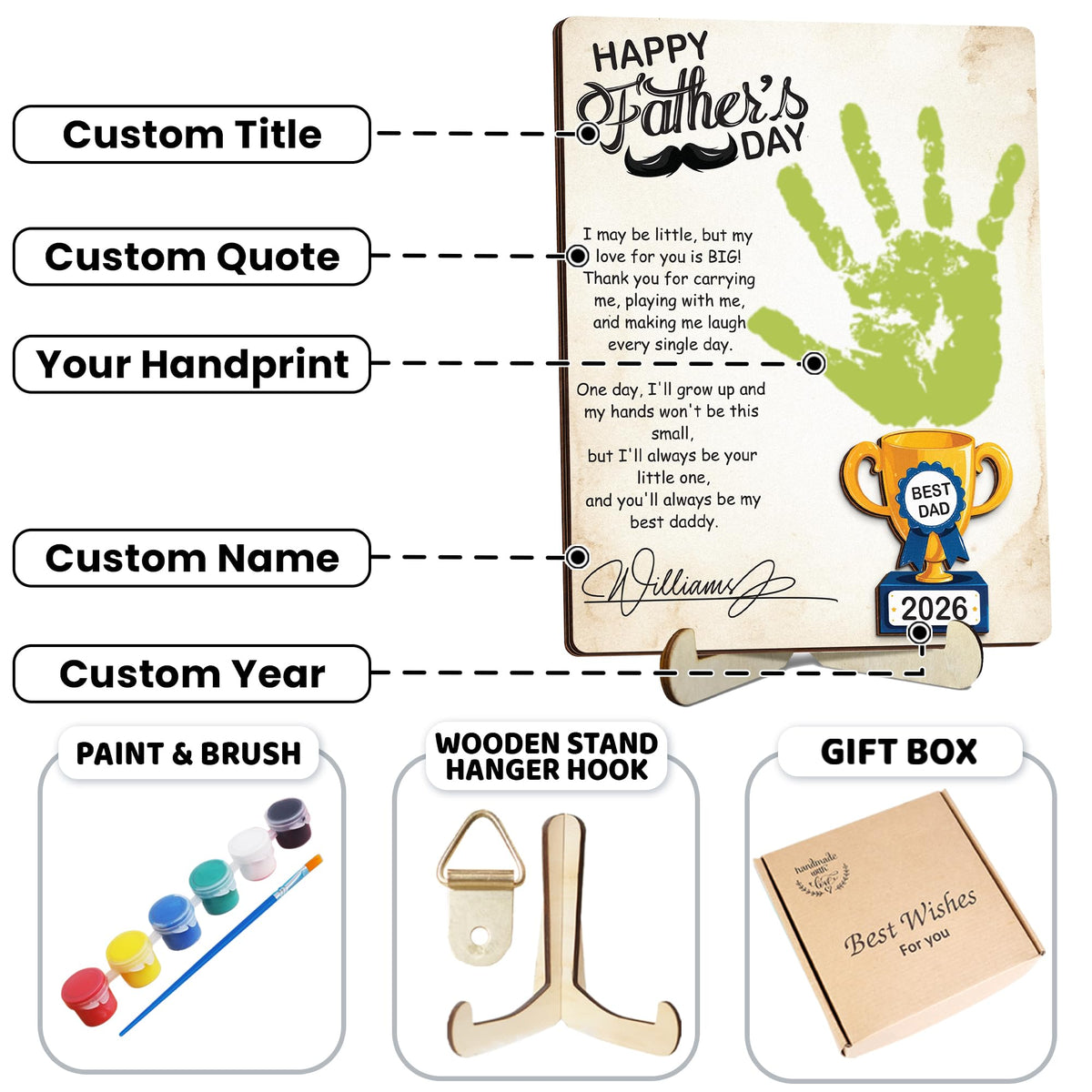 10" Best Dad Ever Hands Down Sign DIY Dad Gifts from Kids Handprint Kit with Acrylic Paint, Toddler Craft Birthday Gift Father's Day for Daddy, Papa Family Plaque with Daughter, Son Names HF90-D
