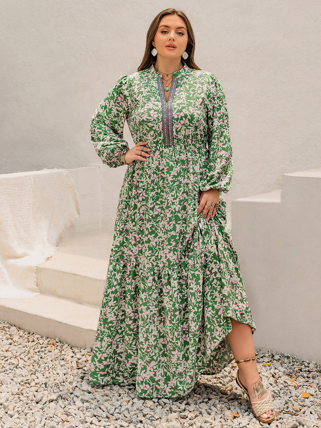 Plus Size Printed Notched Long Sleeve Maxi Dress Trendsi