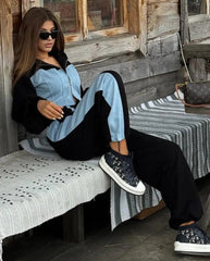 Stay Stylish and Comfortable with the Denim Stitching Hooded Sweater Suit
