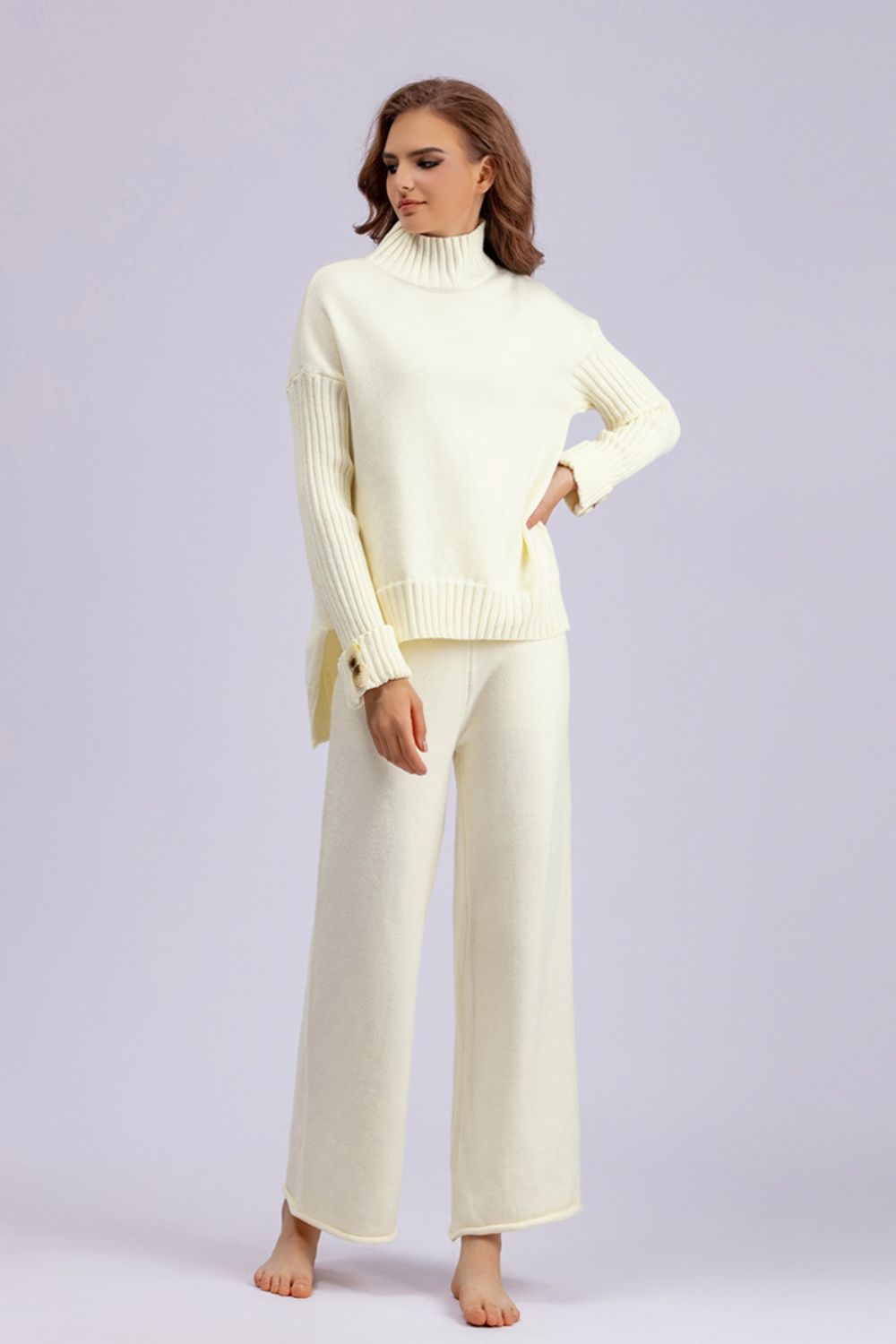 Basic Bae High- Low Turtleneck Long Sleeve Top and Pants Sweater Set Trendsi