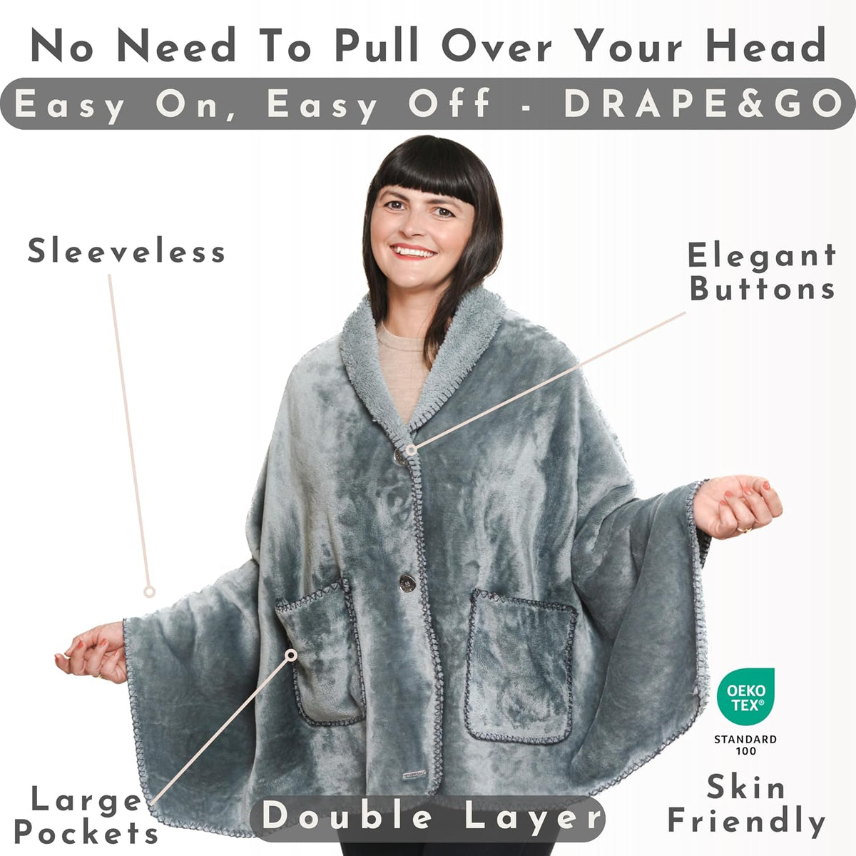 Original Premium Double Layer Poncho Blanket, No Sleeves, Sherpa (Grey)