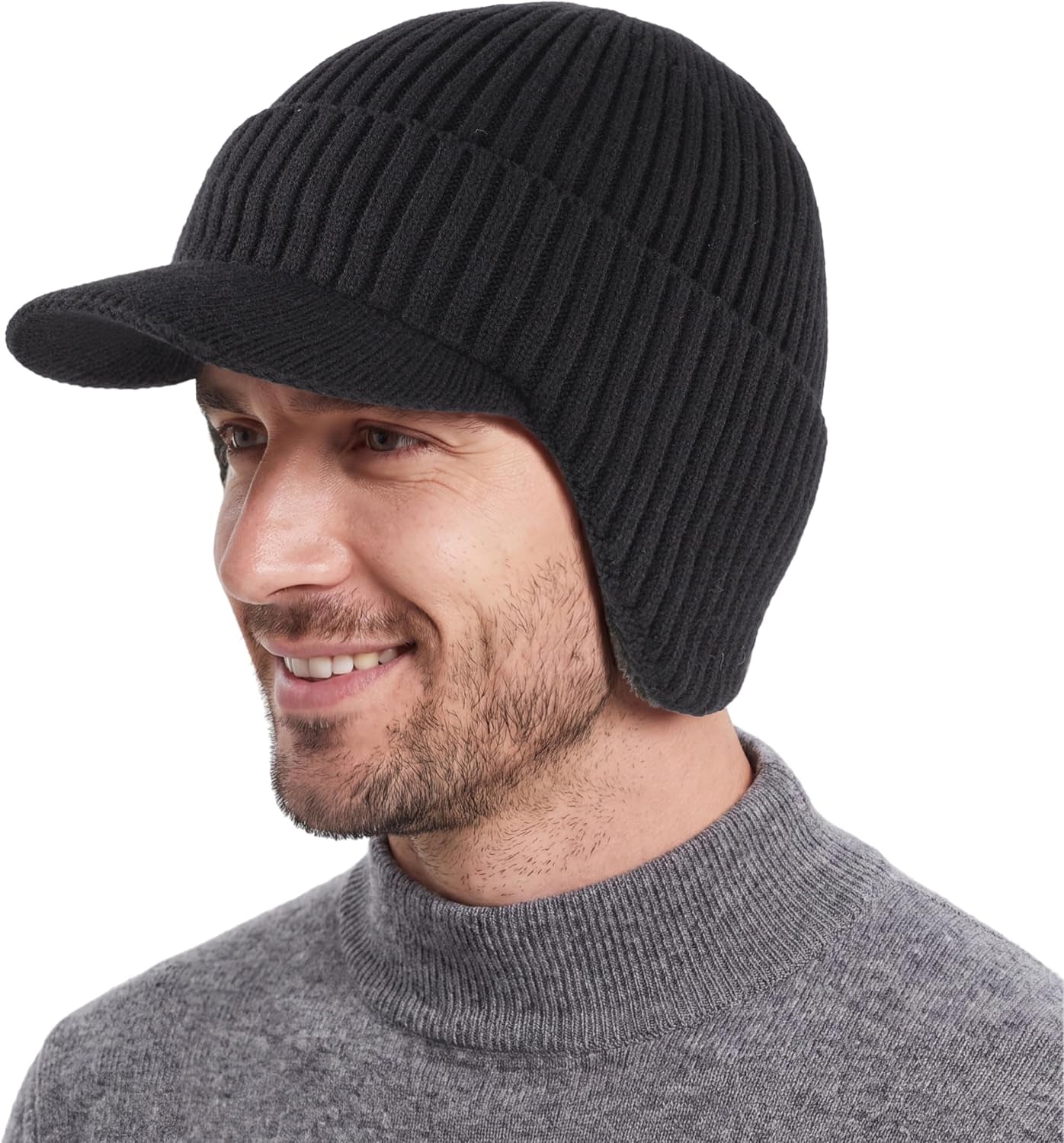 Men'S Beanie with Brim & Ear Flaps Fleece Lined Knit Winter Hat