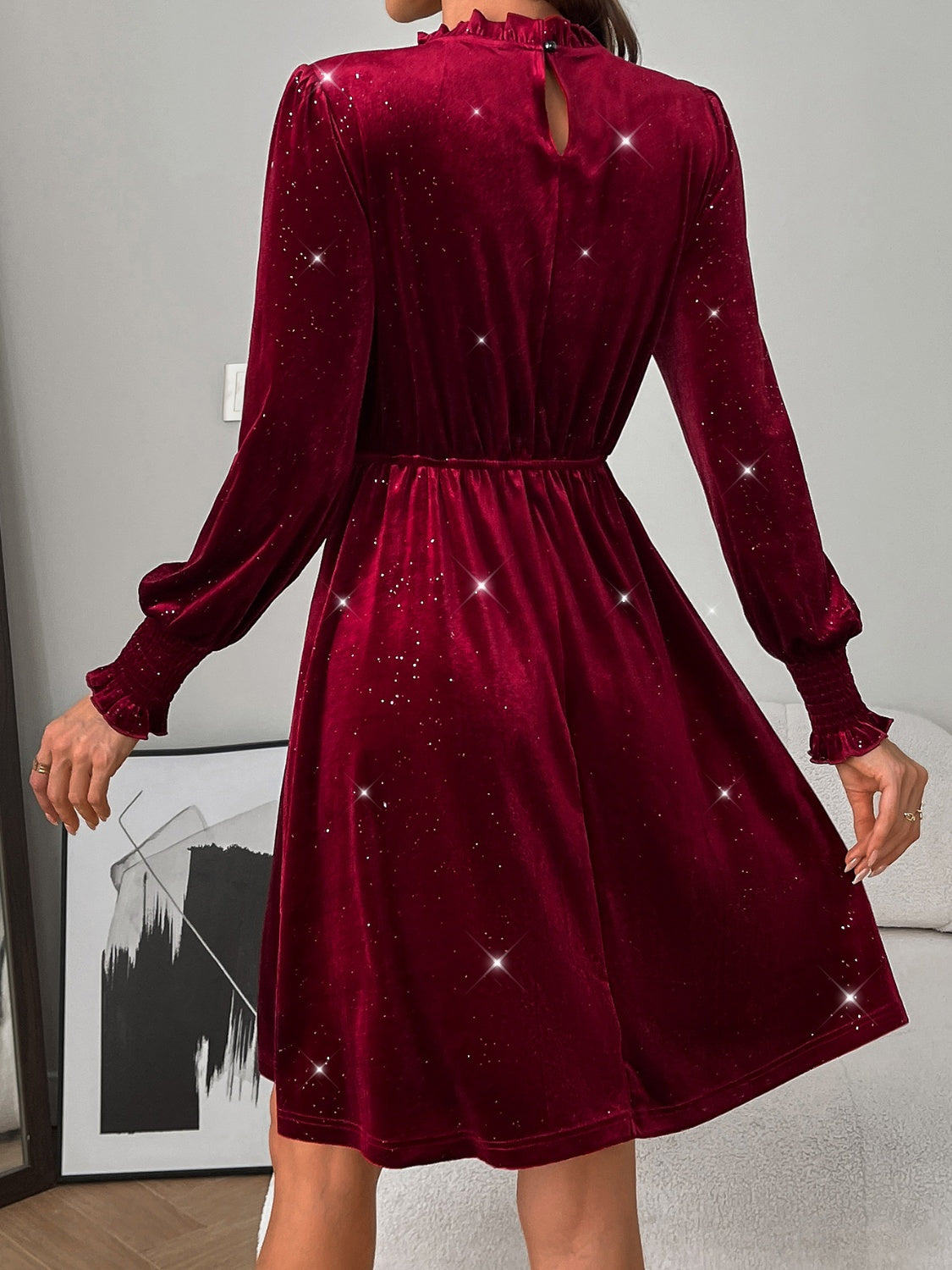 Glitter Mock Neck Long Sleeve Mini Dress Trendsi