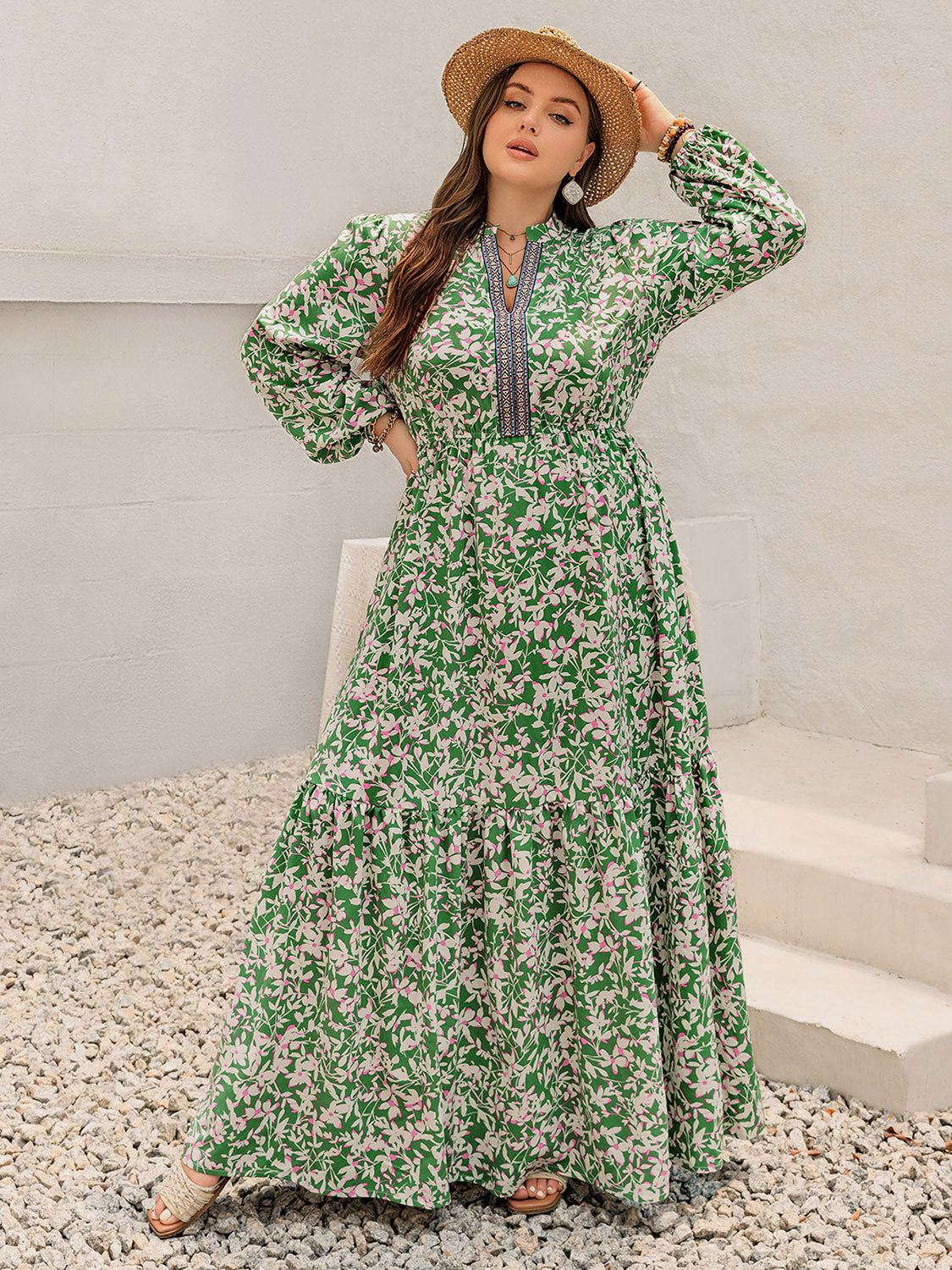 Plus Size Printed Notched Long Sleeve Maxi Dress Trendsi