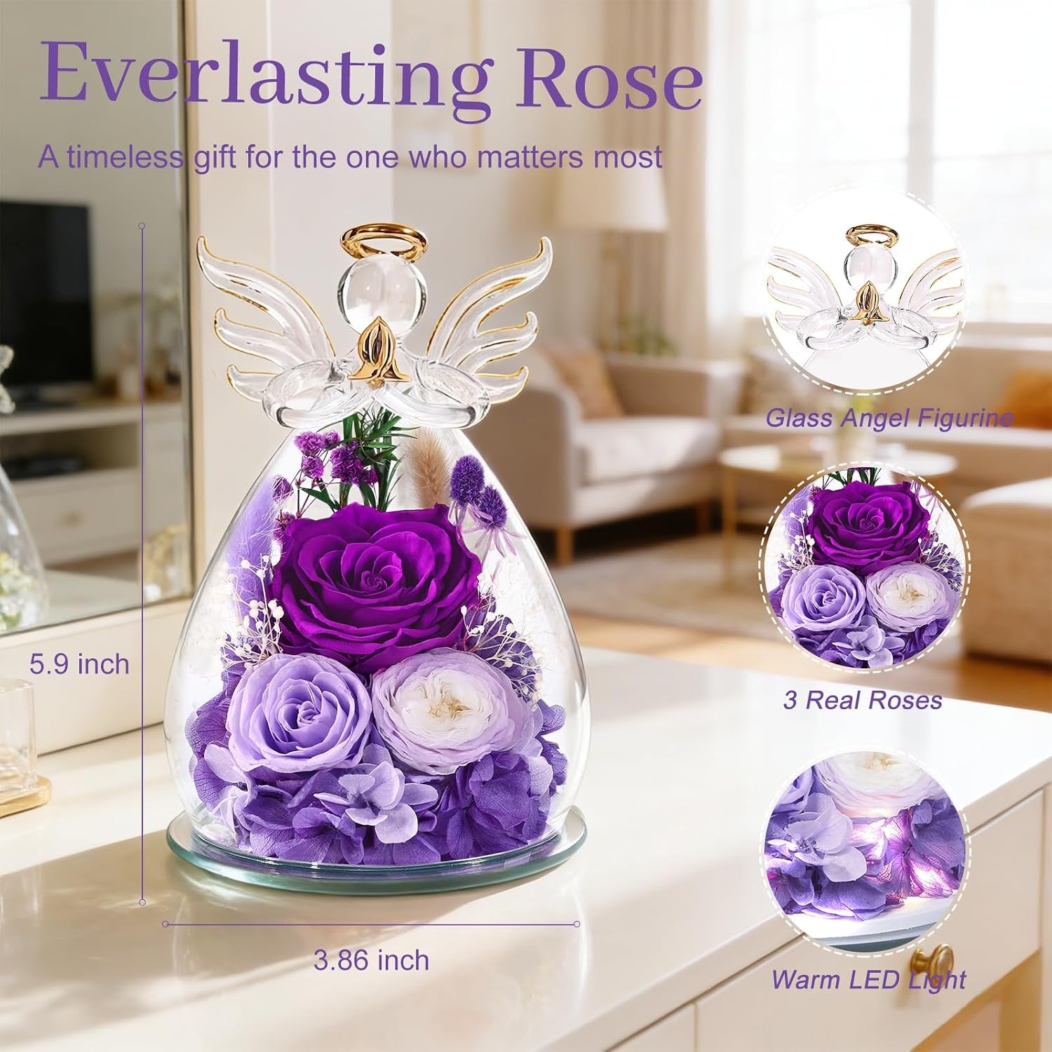 Gifts for Women Birthday Gifts for Mom Flowers for Delivery Fresh Eternal Preserved Rose Forever Flower in Glass Angel Figurines Gift Anniversary for Grandma Wife Sister Daughter Friends