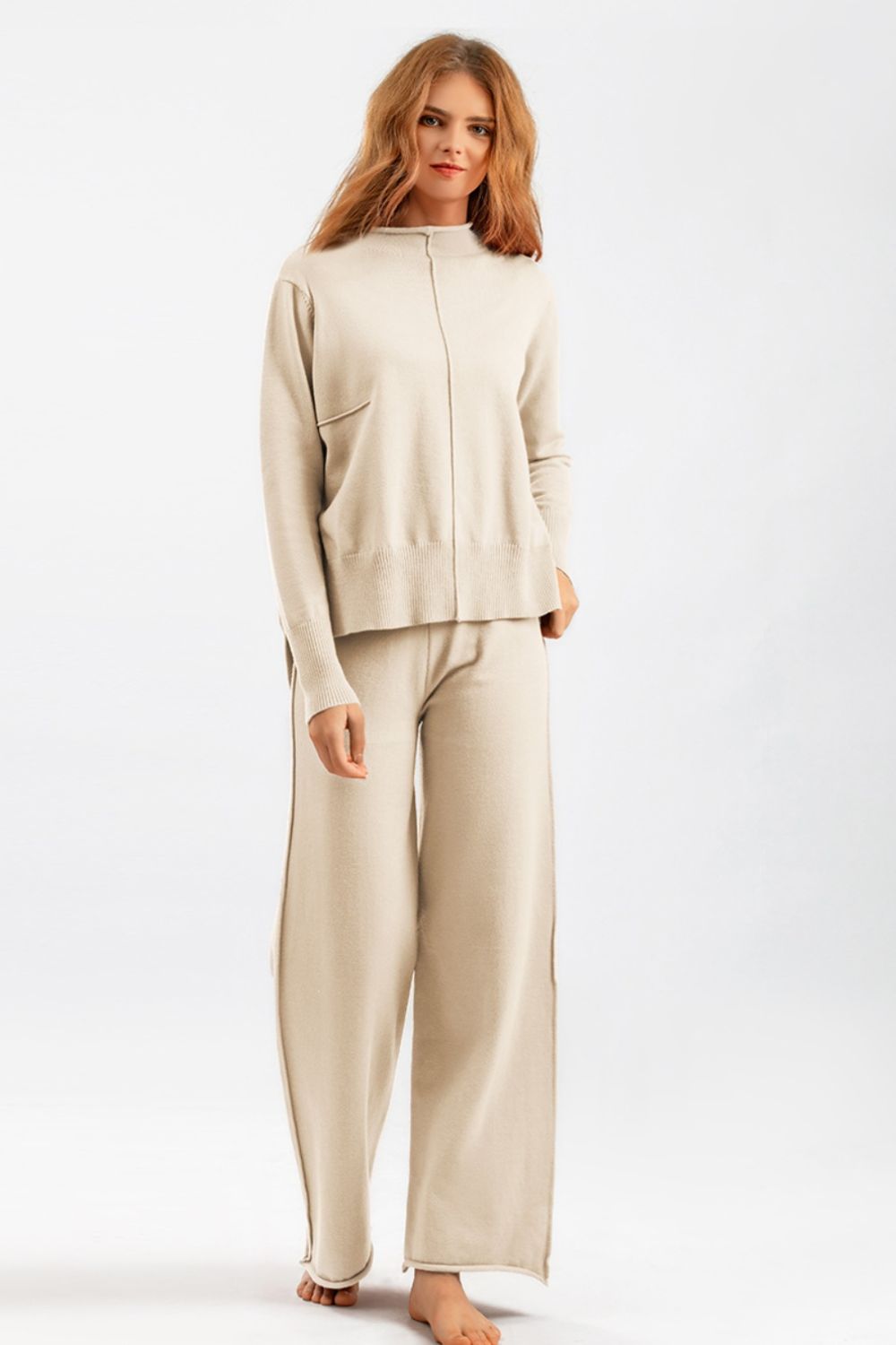 Basic Bae Mock Neck Long Sleeve Top and Pants Sweater Set Trendsi