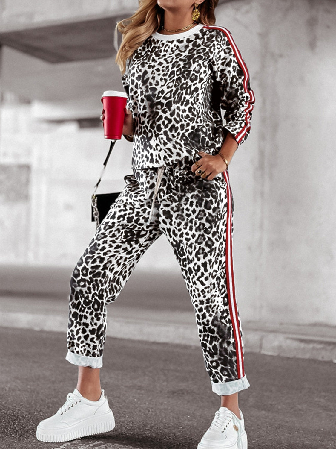 Leopard Round Neck Long Sleeve Top and Pants Set Trendsi