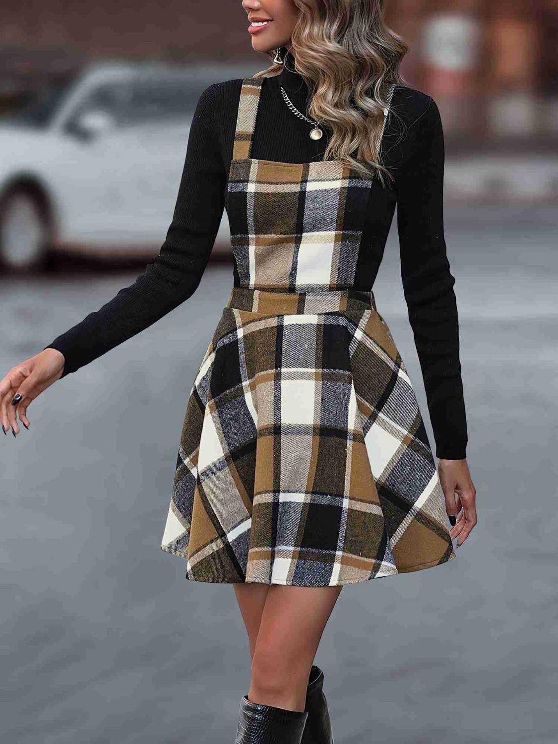 Crisscross Plaid Wide Strap Overall Dress Trendsi