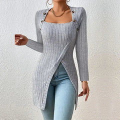 Woman Square Neck Off Shoulder Slit Sweater
