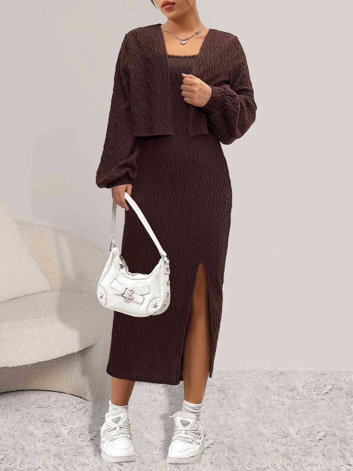 Open Front Long Sleeve Cardigan and Side Slit Cami Dress Set Trendsi