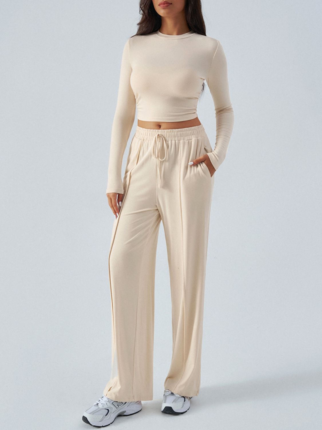 Devine Round Neck Long Sleeve Top and Pants Set Trendsi