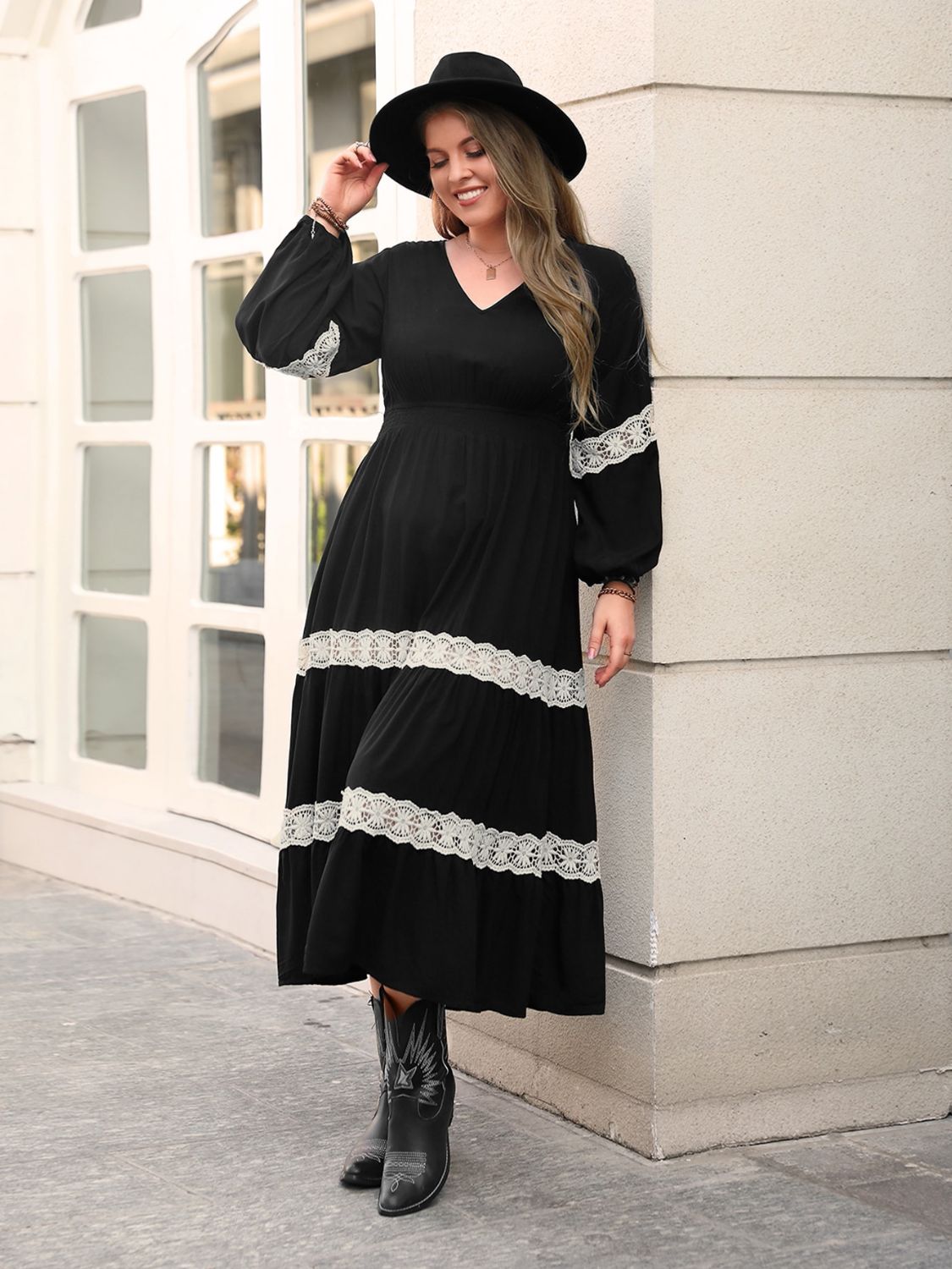 Plus Size Lace Detail V-Neck Long Sleeve Midi Dress Trendsi