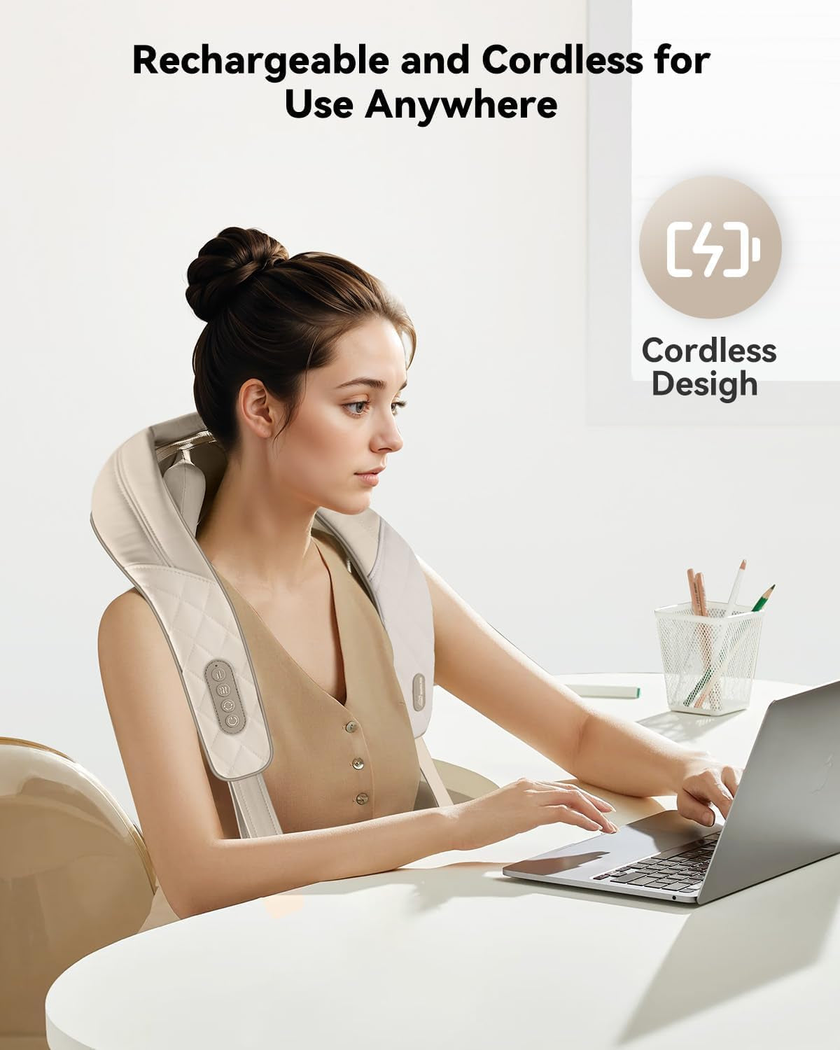 Cordless Neck & Shoulder Massager with Kneading, Heat, USB-C