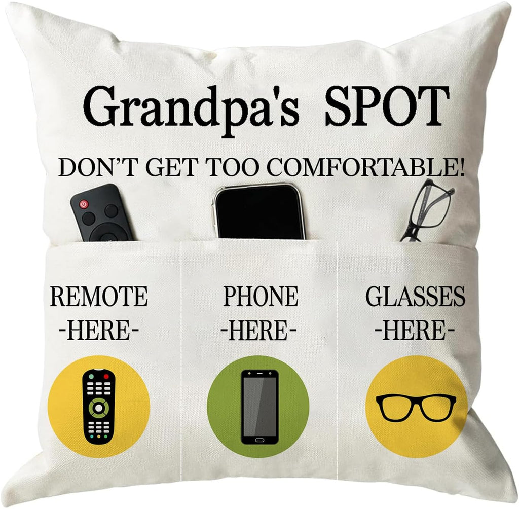 Grandpa Gifts,Grandpa'S Spot Throw Pillow Covers 18X18 Inch,Put Phone Glasses and Remote Control Pillowcase,Birthday Christmas Thanksgiving Day Gifts for Grandpa Stepdad,3-Pocket